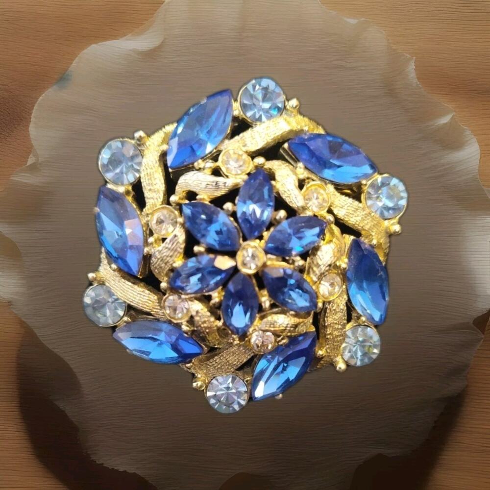 West Germany Signed Vintage Blue Tone Rhinestone & Moulded Glass Cab Brooch